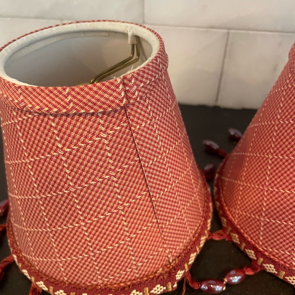 Red plaid Chandelier Shades with hanging beads  • Set of 2 - Picture 4 of 8